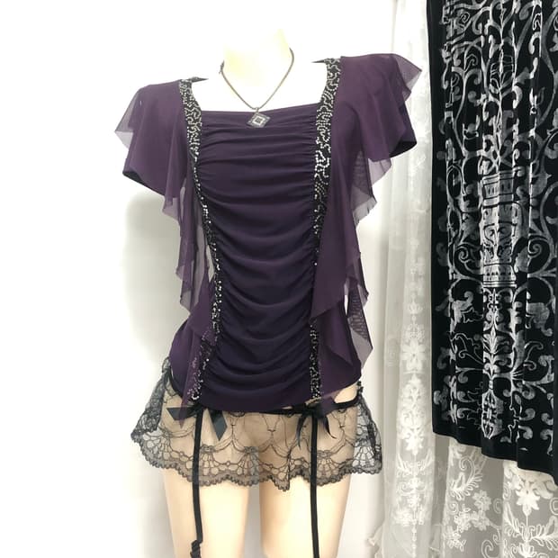 deep purple shirring ruffle detail top  