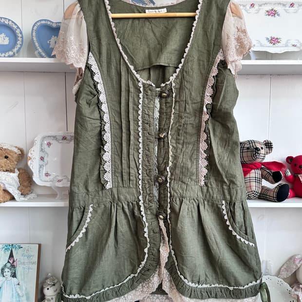 빈티지 레이스 장식 원피스 카키색