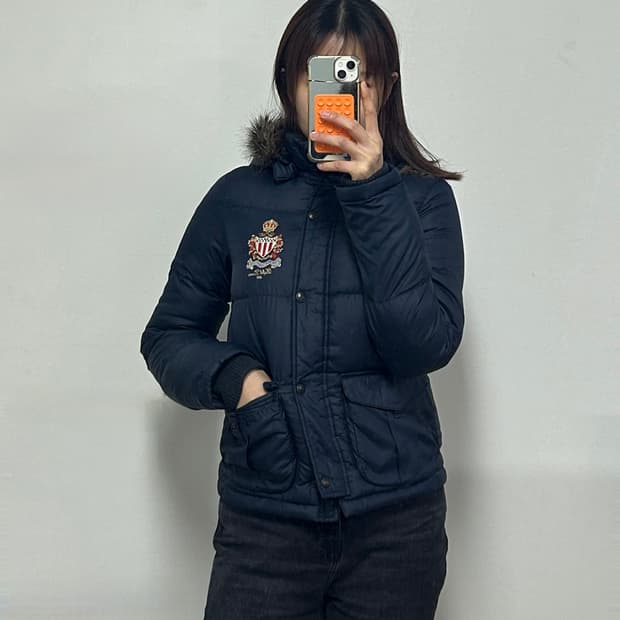 폴로 진스 자수로고 네이비 덕다운 후드 퍼 숏패딩
