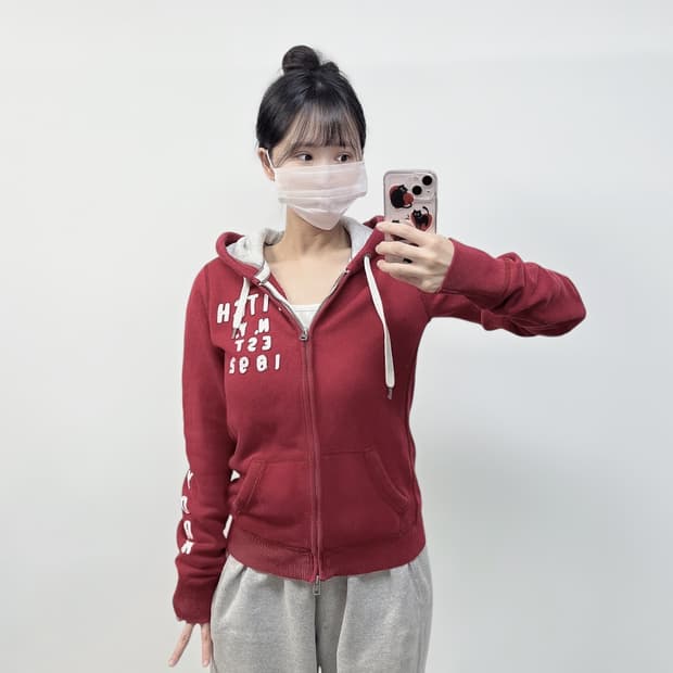 아베크롬비 피치 로고 후드집업 버건디 레드