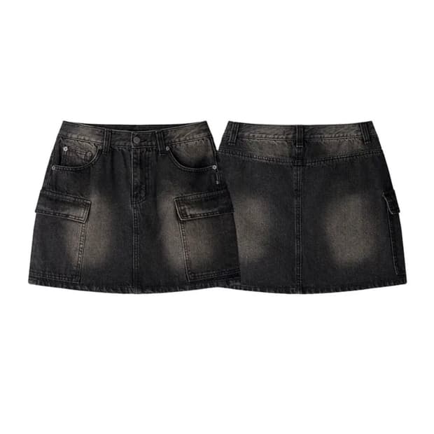 레더리 카고 데님 미니스커트 흑청 s