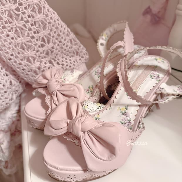 리즈리사 레어 핑크리본 구두 히메카지라떼갸루 핀터깔 샌들힐 y2k