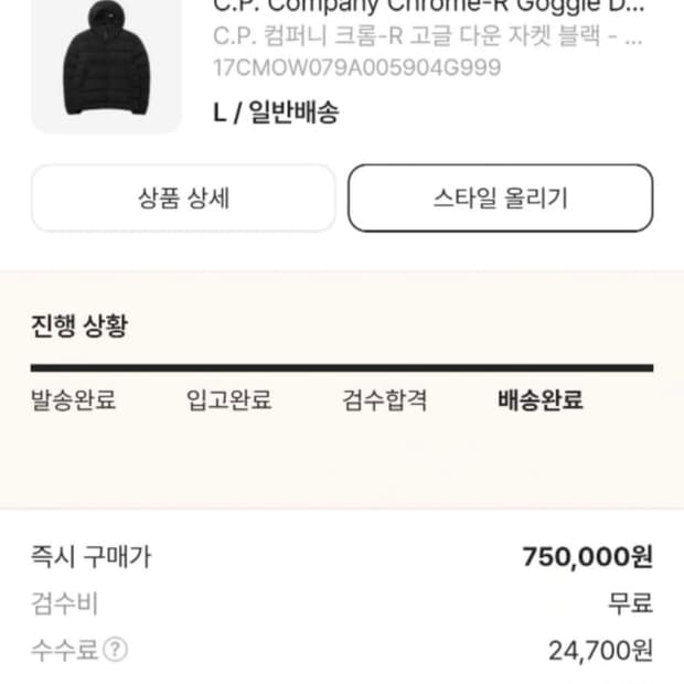 CP 컴퍼니 크롬 R 고글 다운 패딩 자켓 L