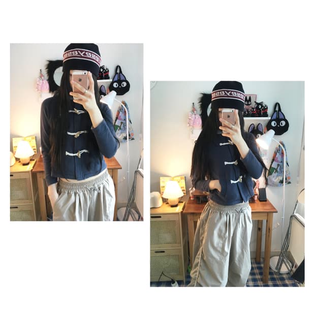 vintage toggle button hooded zip-up navy