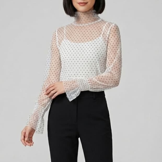 [F]에고이스트 도트패턴 시스루 하이넥 티셔츠