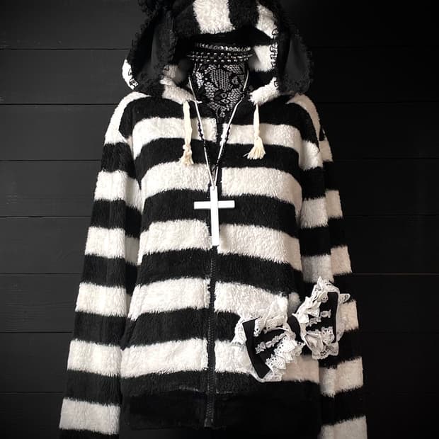 JPN 펑크 스트라이프 줄무늬 블랙 화이트 후드집업