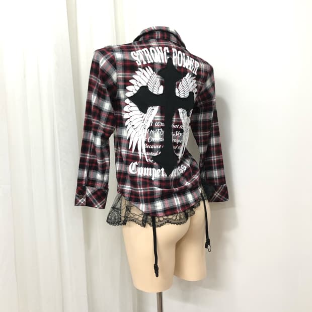 check cross patch wing printed shirt