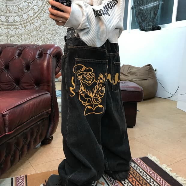 위캔더스 자수 와이드 데님팬츠 