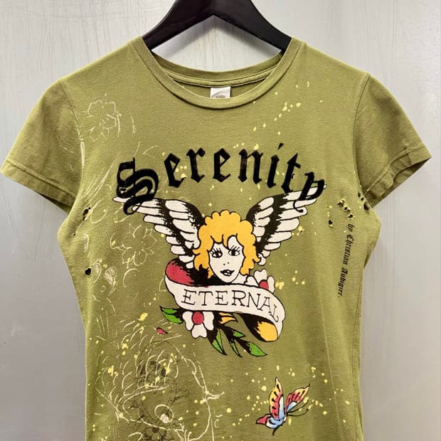 Ed Hardy 에드하디 올리브 세레니티 엔젤 그래픽 반소매 티셔츠