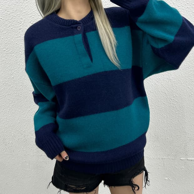 갭 오션그린 배색 네이비 단가라 니트 XL