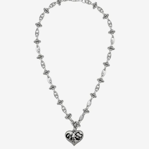 비디오자키 해골 고양이 하트 볼드 체인 목걸이 실버 유광 미착용 새상품