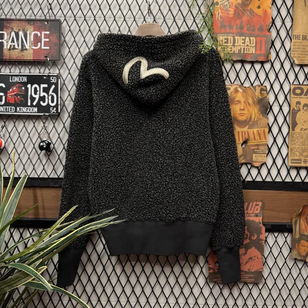 00s 에비수 야마네 플리스 후드 집업 후면 로고 포인트 블랙