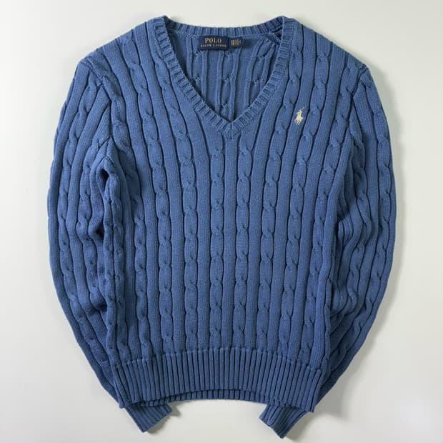 Polo  폴로 랄프로렌 자수 코튼 블루 꽈배기 브이넥 니트 