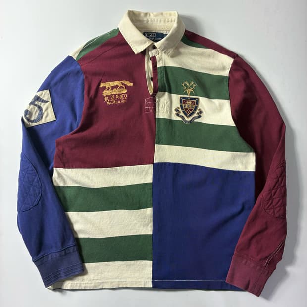 Polo  폴로 랄프로렌 90,s 패넌트 헌팅 패치워크 럭비 티셔츠