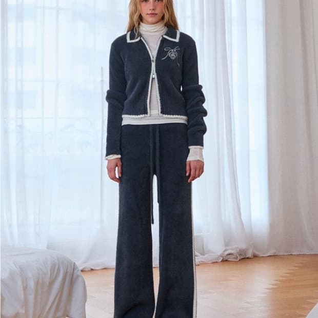 에고이스트 25ss 라인배색 니트 와이드 밴딩 팬츠