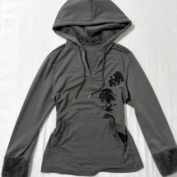 펑크 그레이 해골 털 트리밍 후드티
