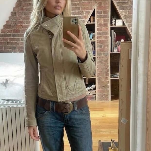 [시스템] 베이지 하이넥 램스틴 레더 라이더 자켓