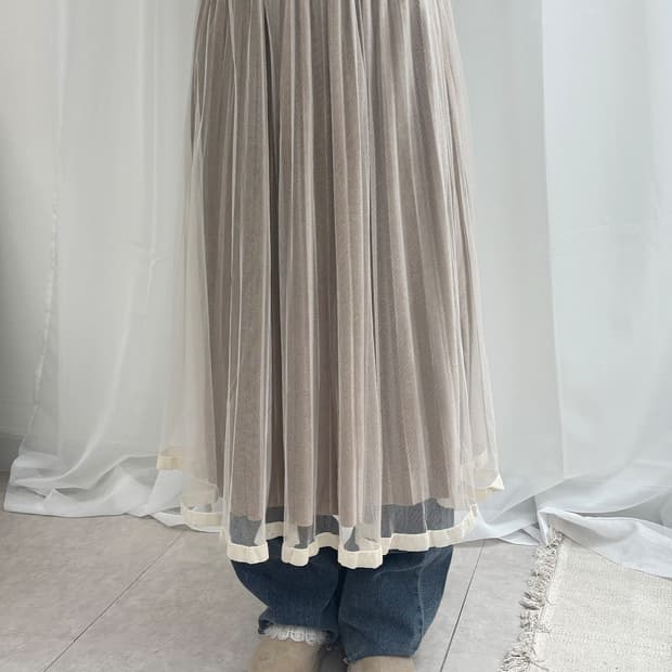 bei mesh velour pleated long skirt