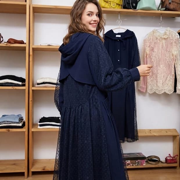 오즈세컨 도트망사 레이어드 후드쉬폰원피스