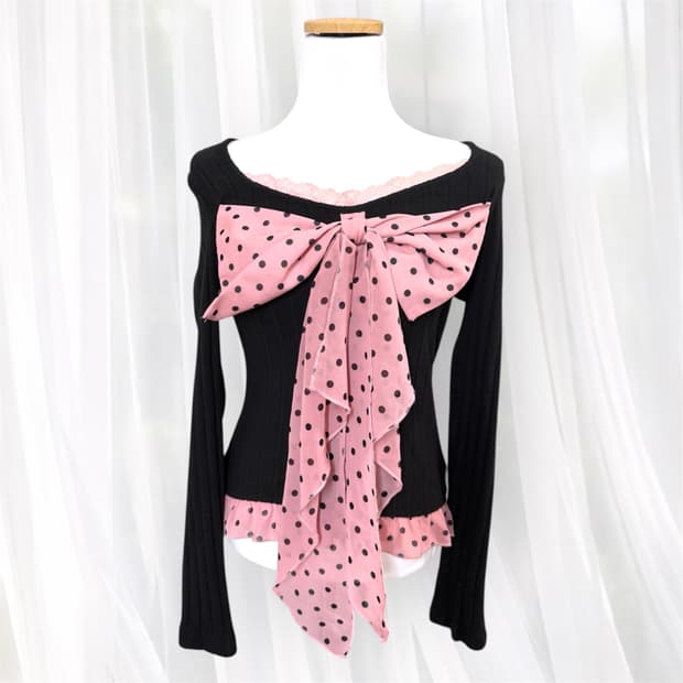 히메갸루 핑크도트빅리본 백큐빅 레이스 니트