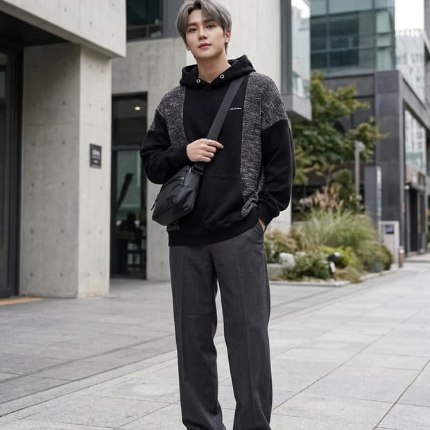 앤더슨벨 패브릭 배색 후드티 블랙