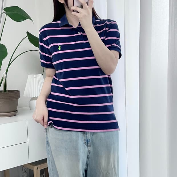 [정품] 폴로 네이비 / 연두포니 핑크단가라 반팔카라티 [ M ]