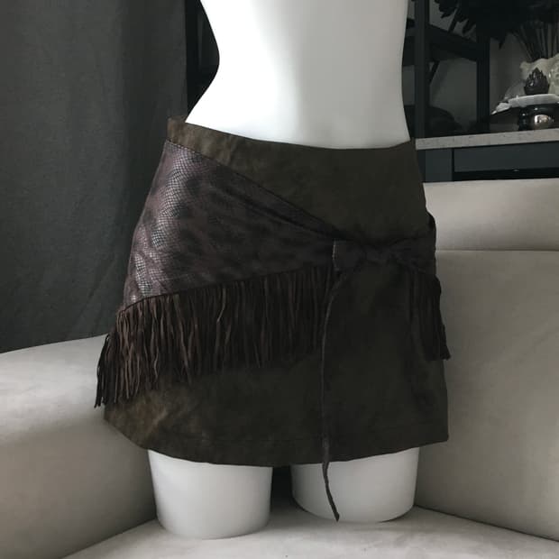 ༒ FRINGE WRAP LEATHER SKIRT #BROWN 