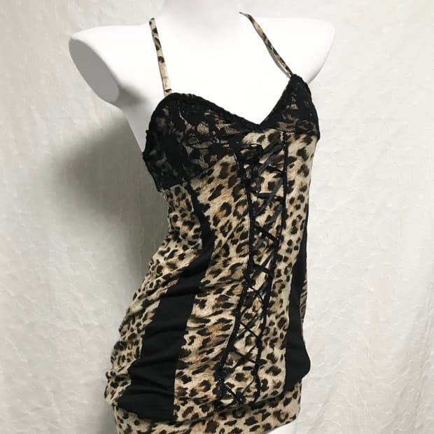 빈티지 갸루 펑크 레오파드 코르셋 레이스 슬립 원피스 탑