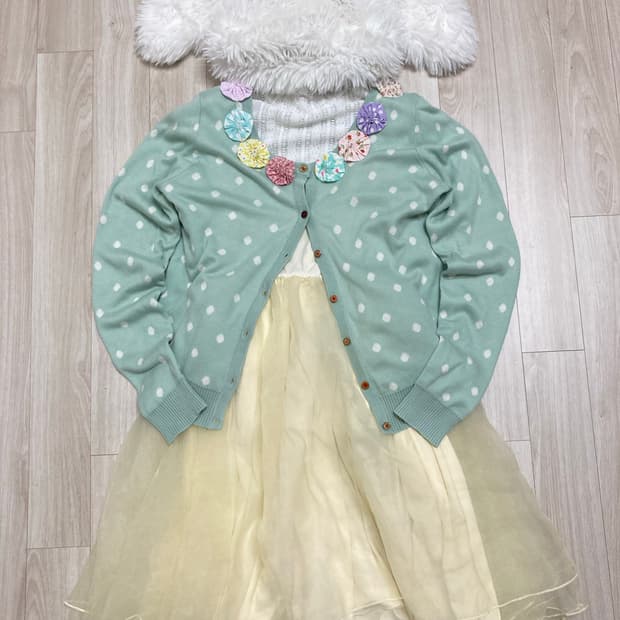 아기토끼 퍼모자 바나나우유 발레코어 원피스 땡땡이 가디건 세트