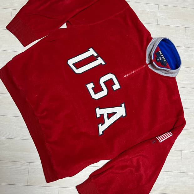 90s폴로 스포츠 USA 후리스 하프집업 레드 L사이즈