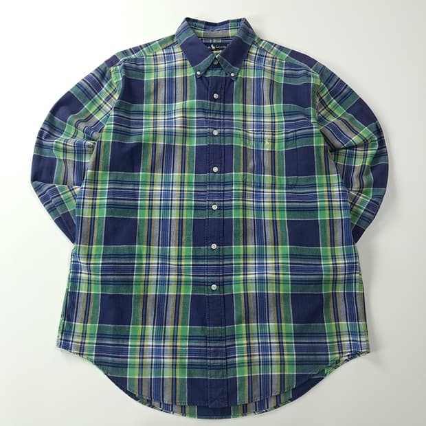 CK302 L 폴로 90s 일본판 네이비 그린 마드라스 셔츠 남방