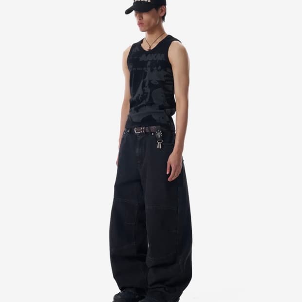 Knee Incision Washed Denim Pants-BK-2사