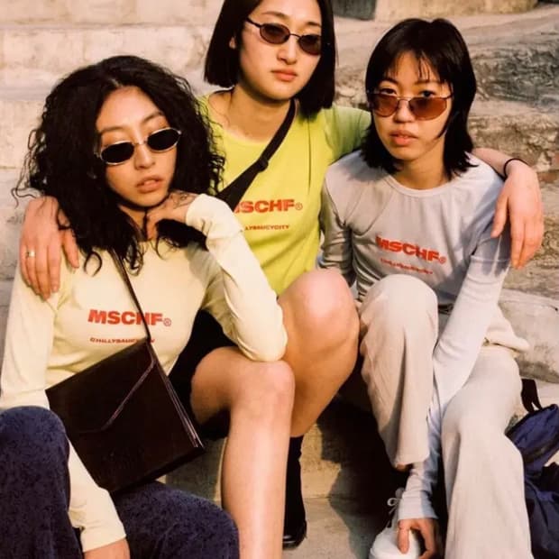 MSCHF 미스치프 텐셀 롱슬리브 라벤더블루레드로고긴팔티셔츠라운드넥나일론