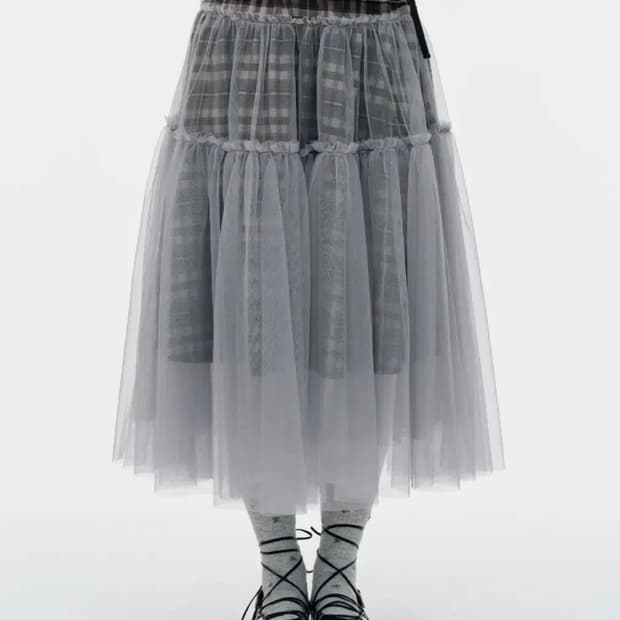 뚜오미오 check tulle skirt 체크 툴 스커트