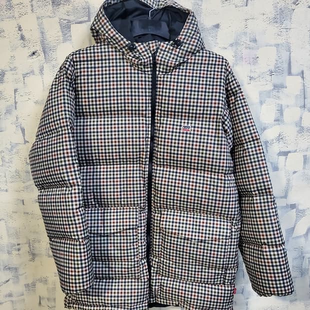 리바이스 채크 패턴 후드 덕다운 패딩 