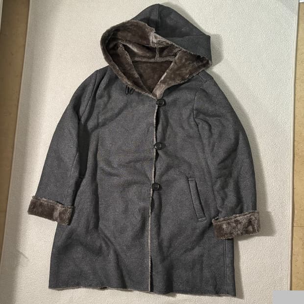 일본빈티지 모리걸 차콜 후드 퍼 코트