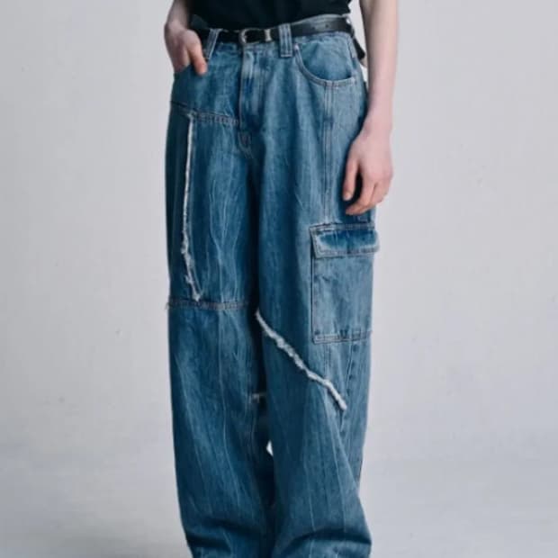 1)노운 언밸런스 와이드 데님 팬츠 미드블루