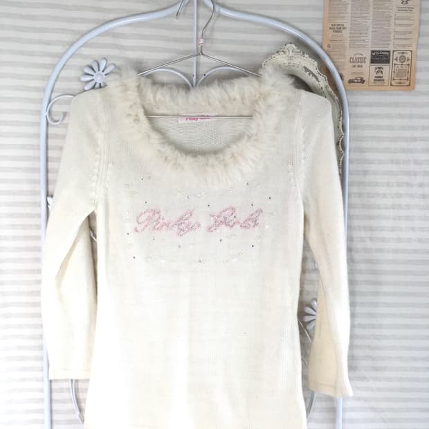 일본빈티지 핑키걸즈 로걀 갸루 퍼 비즈 니트