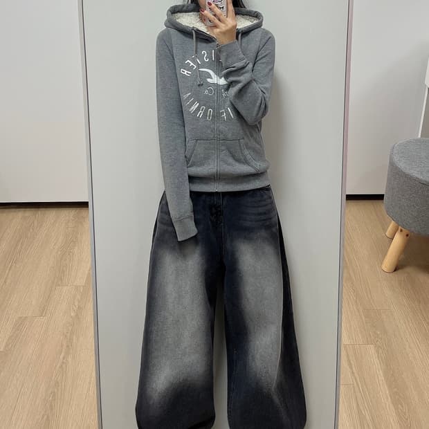 홀리스터 양털안감 자수로고 그레이 후드집업