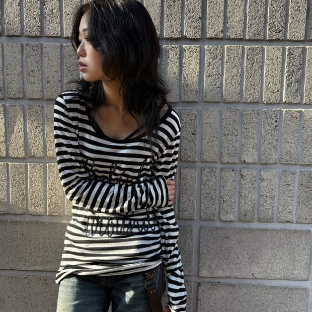 스트라이프 루즈핏 슬림 롱 슬리브