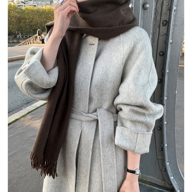 미니뽕 알파카 히든 핸드메이드 롱코트 오트그레이지