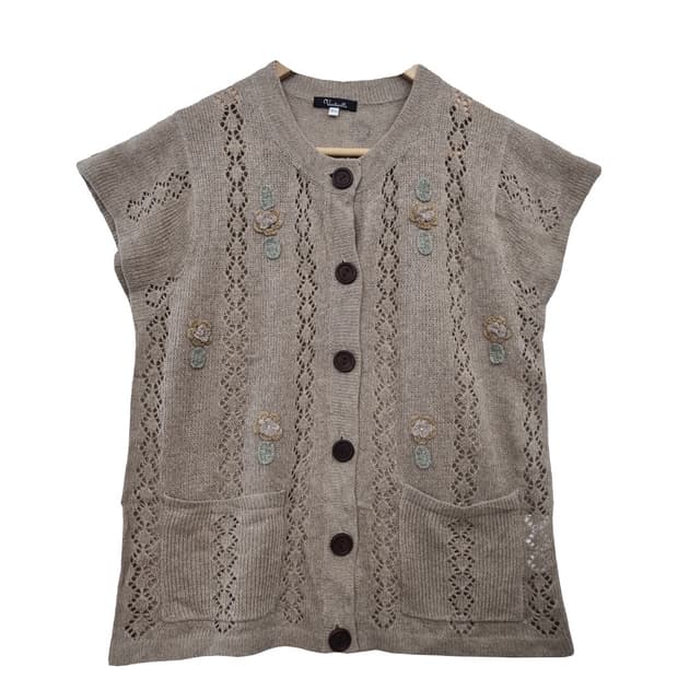 VENTICELLO 베이지 레트로 펀칭 민소매 가디건 