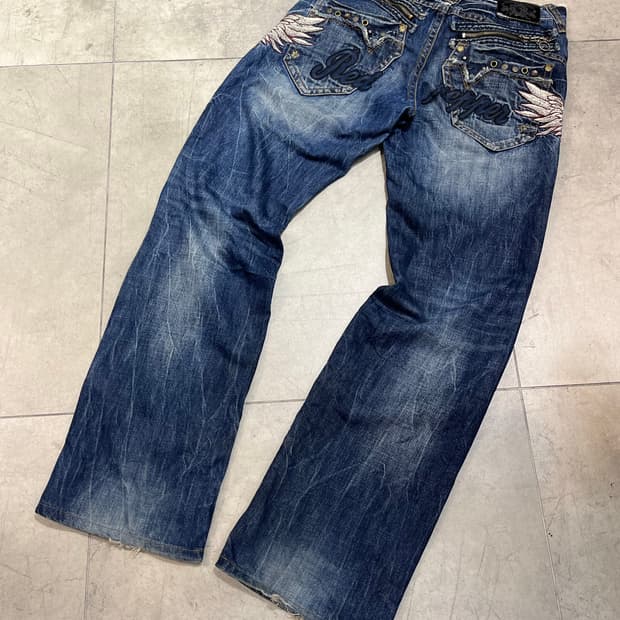 RED PEPPER 락펑크 그런지 워싱 날개 와이드 데님 팬츠