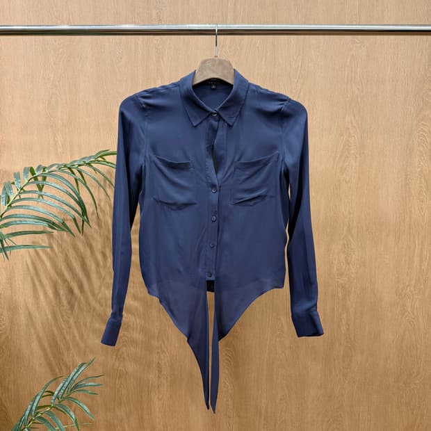 띠어리 실크 셔츠 블라우스 언발란스 타이 디테일 슬림핏 네이비