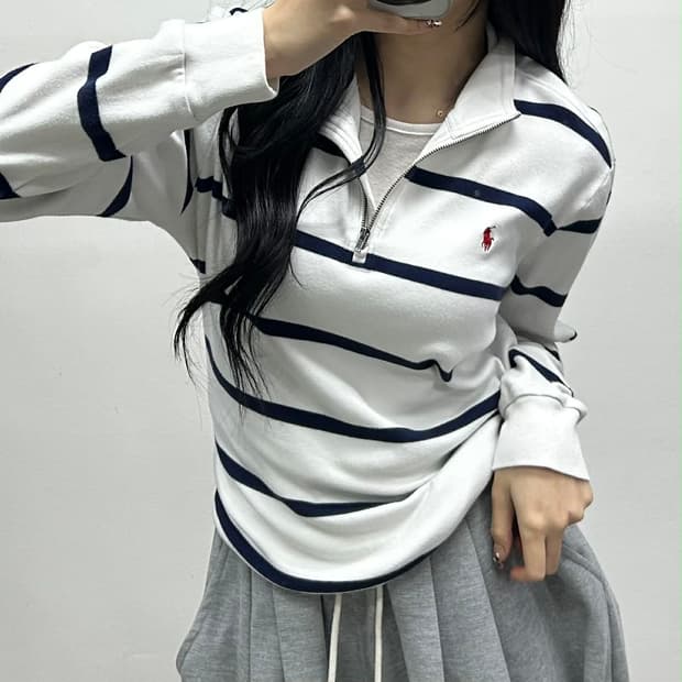 *최신형 폴로 랄프로렌 큐알택 스트라이프 핀터깔 하프집 코튼 반집업(XL