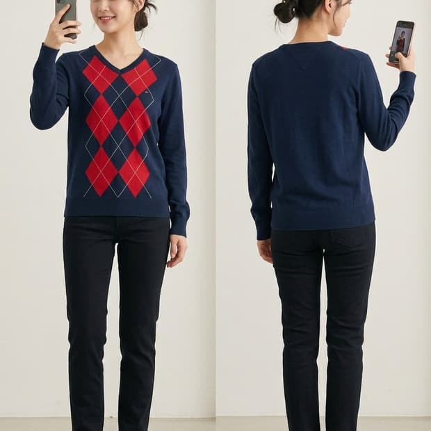 타미힐피거 아가일 V넥 니트 S 55적당