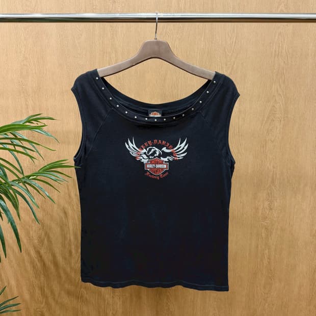 할리데이비슨 슬리브리스 티셔츠 이글 로고 프린팅 메탈 스터드 디테일 블랙