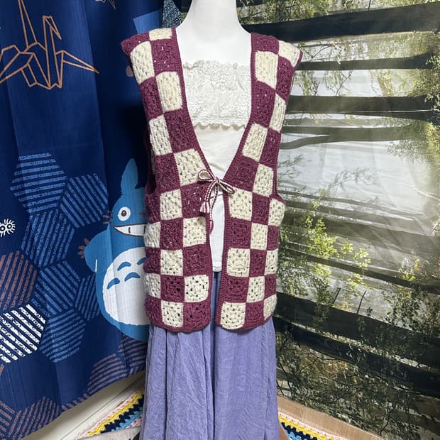 빈티지 뜨개 꽃 모티브 보라색 조끼 레이어드 모리 모리걸 교토룩