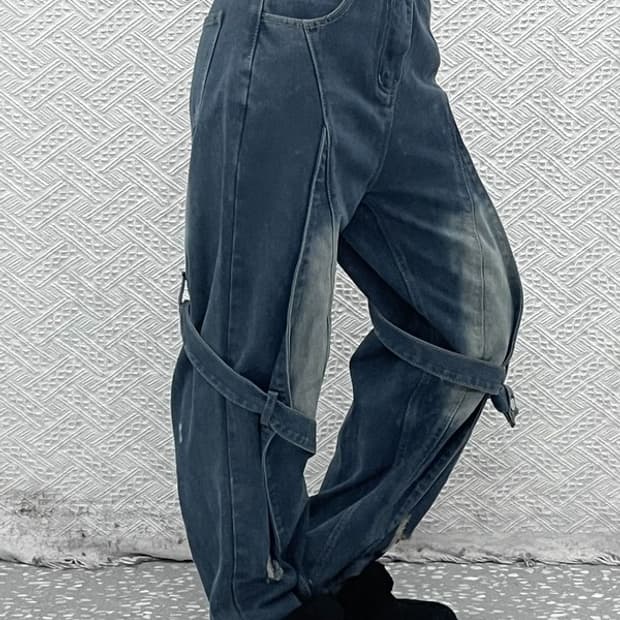 빈티지 스트릿 힙합 스트랩 워싱 데님 청바지 L C09406