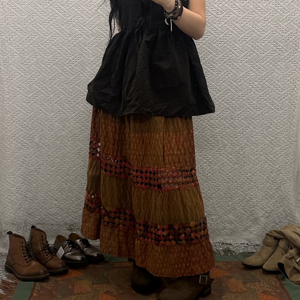 빈티지 보헤미안 에스닉 뜨개 티어드 선셋 플레어 롱스커트 K0063